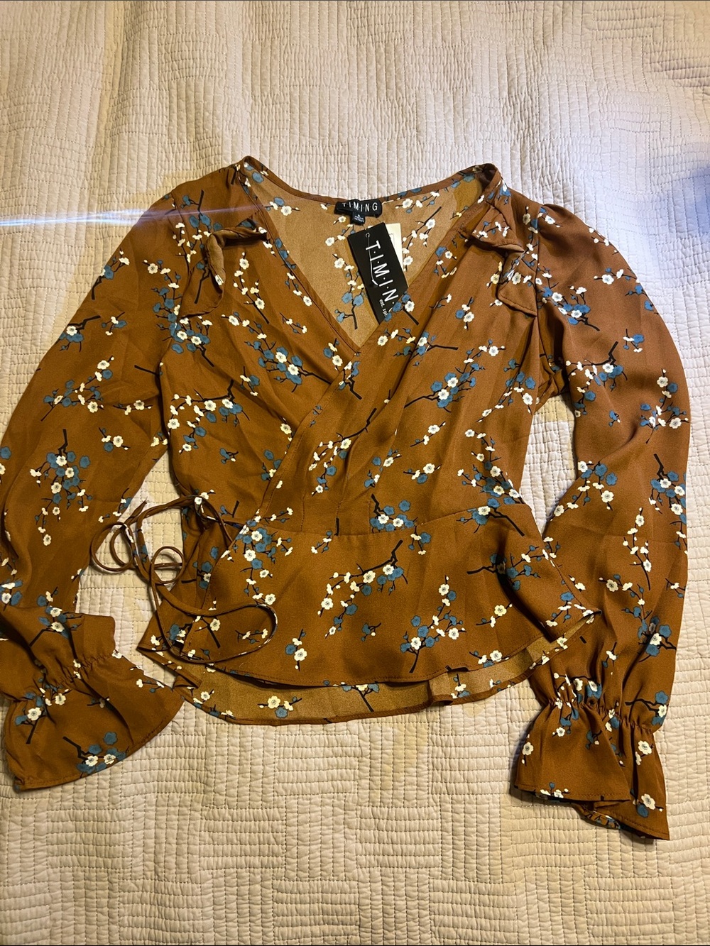 Timing Brown Floral Wrap Blouse with Blue Accents
